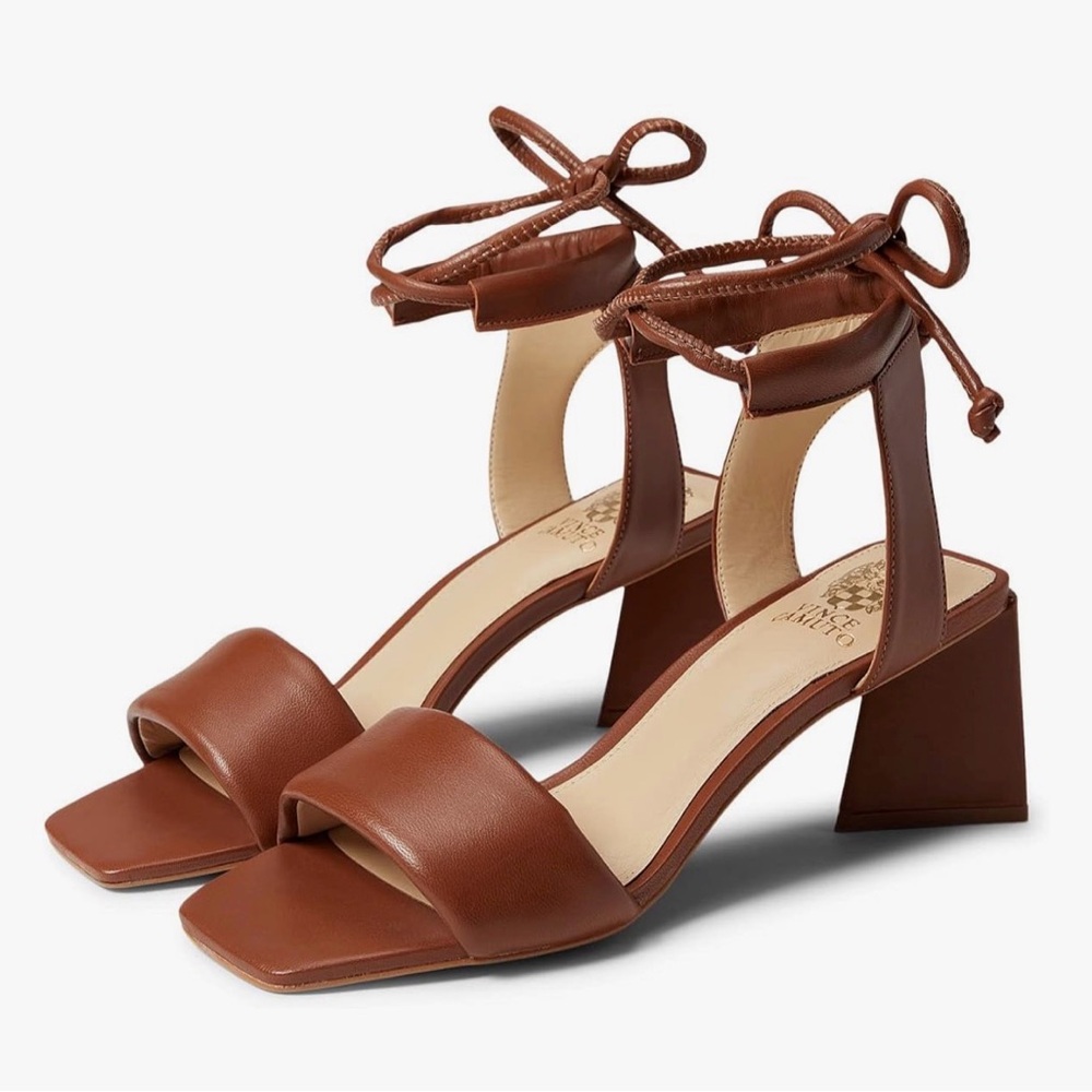 Vince Camuto Tan Leather Ankle-Tie Block Heel Sandal - Picture 2 of 4